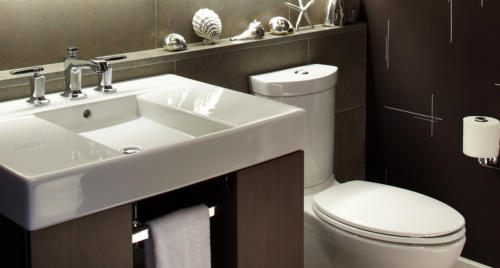 Kohler Warm, Modern Powder Room Bathroom, bathroom renovating ideas and designs Barrie Ontario.